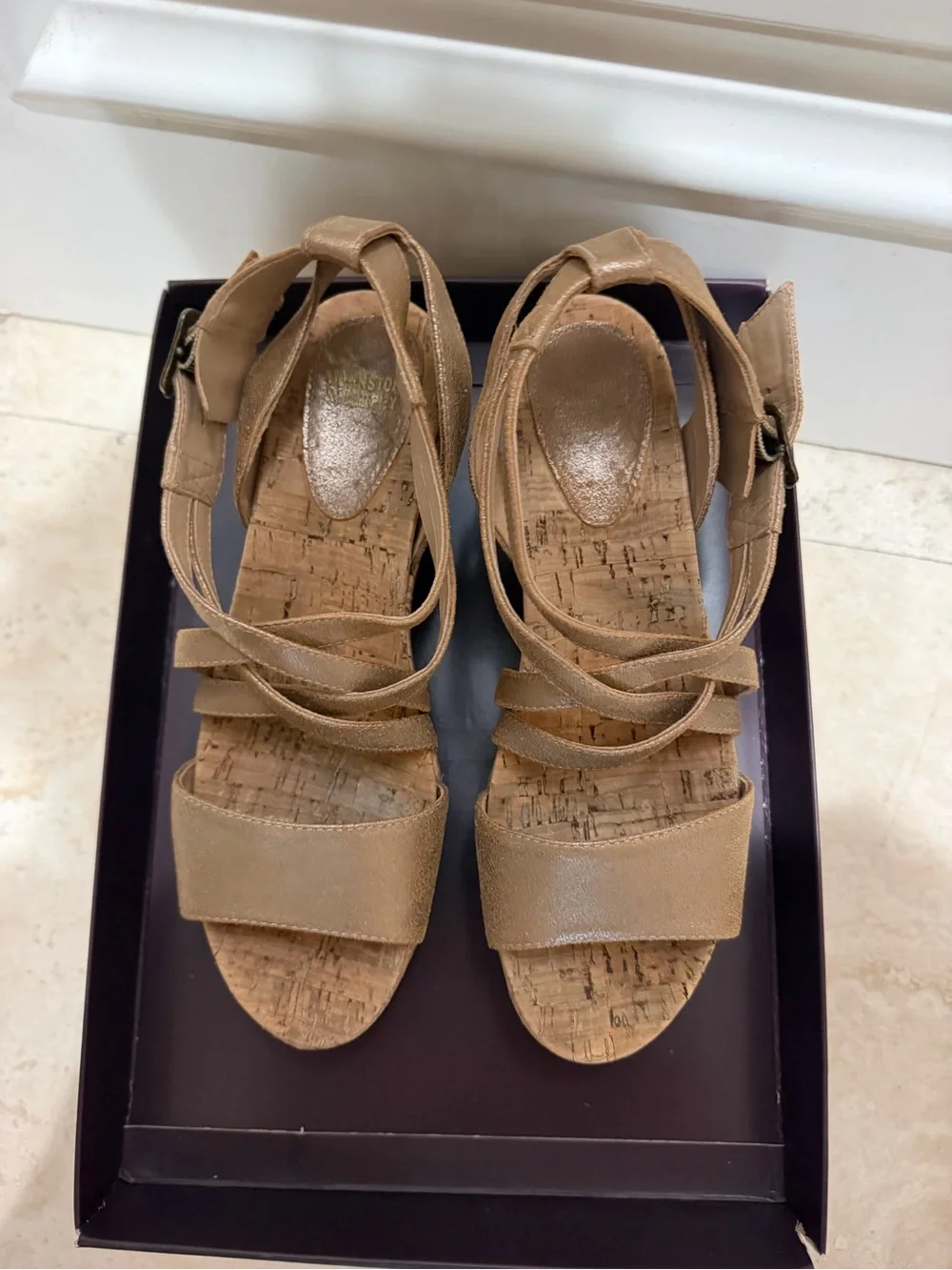 Johnston & Murphy Metallic Gold Cork Wedge Sandal size 8